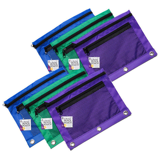 ADVANTUS Charles Leonard Pencil Pouch, 2 Pocket with Mesh Front, 3 Assorted Colors, Pack of 6