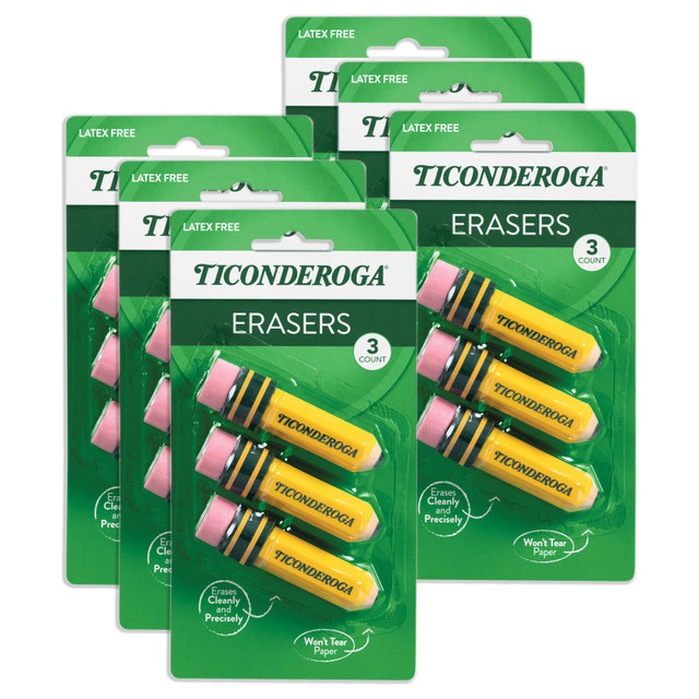 DIXON TICONDEROGA CO Ticonderoga® Erasers, Pencil Shaped, Yellow, 3 Per Pack, 6 Packs