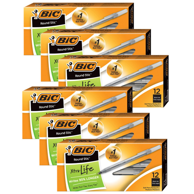 BIC USA INC BIC® Round Stic® Pen, Medium Point, Black, 12 Per Pack, 6 Packs