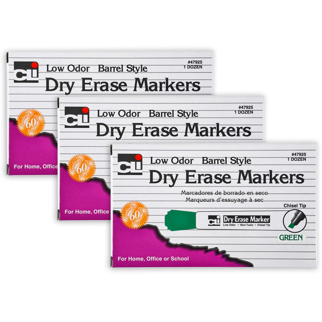 ADVANTUS Charles Leonard Dry Erase Markers, Barrel Style, Chisel Tip, Green, 12 Per Box, 3 Boxes