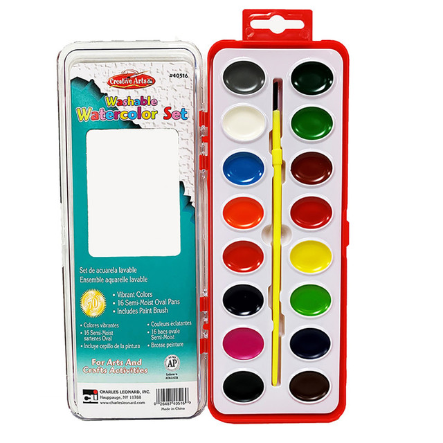 ADVANTUS Charles Leonard Washable Water Color Set, Oval Pan w/Brush, 16 Assorted Colors, 1 Set