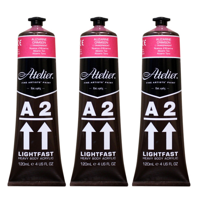 CHROMA INC Atelier A2 Heavy Body Lightfast Artist Acrylic, 4 oz., Alizarine Crimson Hue, Pack of 3