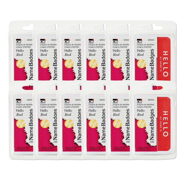 ADVANTUS Charles Leonard Self-Adhesive Name Badges, Hello, Red, 100 Per Pack, 12 Packs