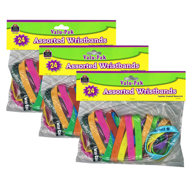 TEACHER CREATED RESOURCES Teacher Created Resources® Wristbands Valu-Pak, Assorted, 24 Per Pack, 3 Packs