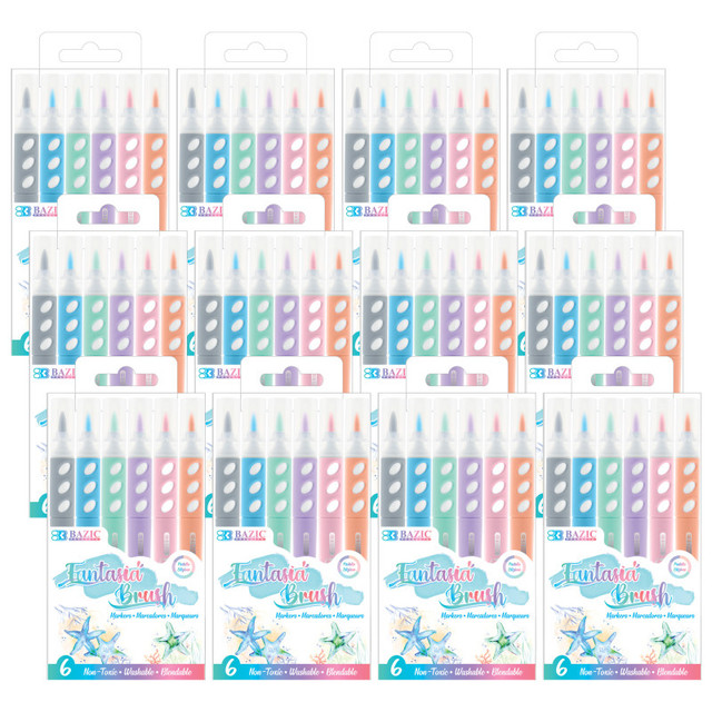 BAZIC PRODUCTS BAZIC Products® Brush Markers, Pastel Colors, 6 Per Pack, 12 Packs