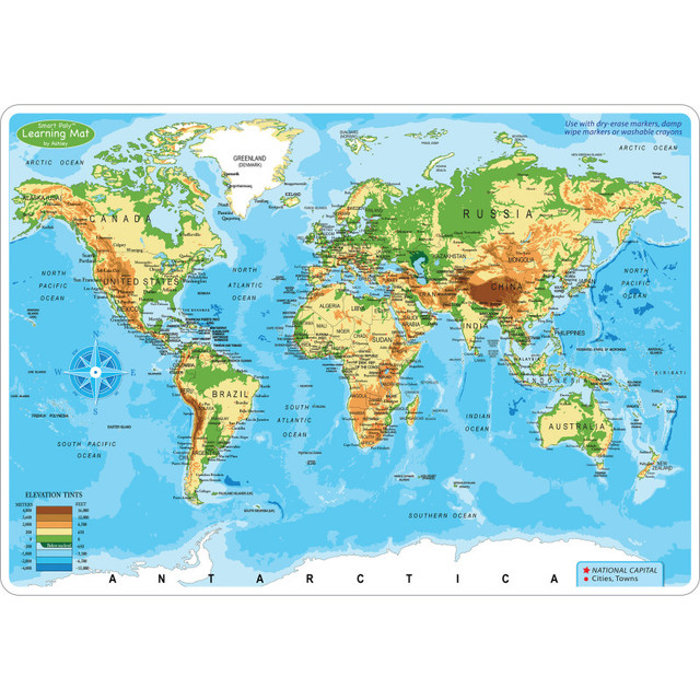 ASHLEY PRODUCTIONS Ashley Productions® Smart Poly™ Learning Mat, 12" x 17", Double-Sided, World Physical Map