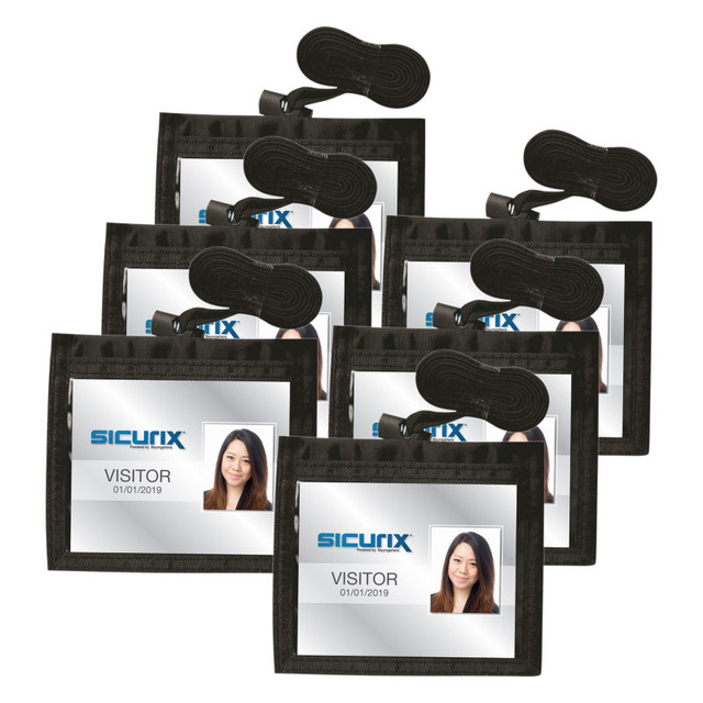 BAUMGARTENS INC SICURIX Convention ID Neck Pouch Badge Holder, Horizontal, Adjustable Cord, 3" x 4" Insert, Black, Pack of 6