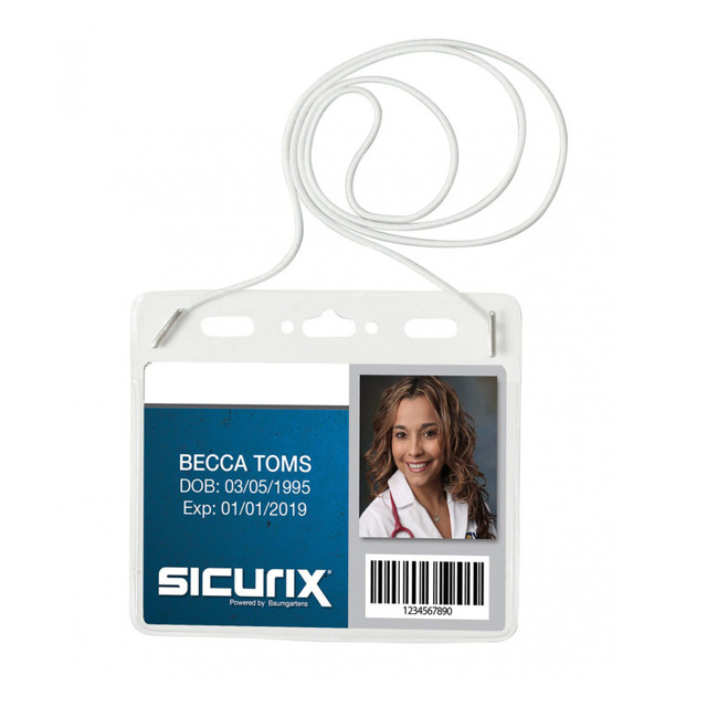 BAUMGARTENS INC SICURIX Convention Size Badge Holders with Cord, Horizontal, Pack of 25