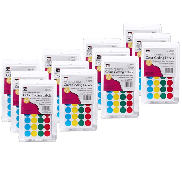 ADVANTUS Charles Leonard Self-Adhesive Color-Coding Labels, Assorted Colors, 1000 Per Pack, 12 Packs