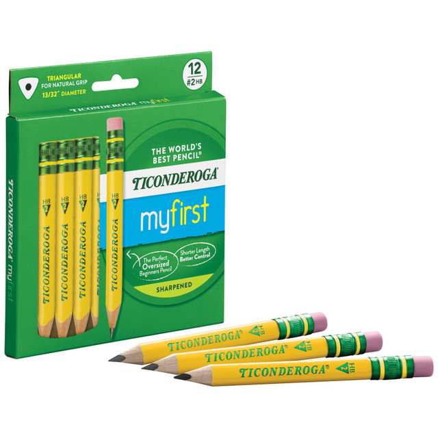 DIXON TICONDEROGA CO Ticonderoga® My First® Short Wooden Pencils, Large Triangle Barrel, Sharpened, #2 HB Soft, With Eraser, Yellow, 12 Count