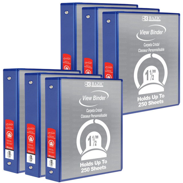 BAZIC PRODUCTS BAZIC Products® 3-Ring View Binder with 2 Pockets, 1.5", Blue, Pack of 6