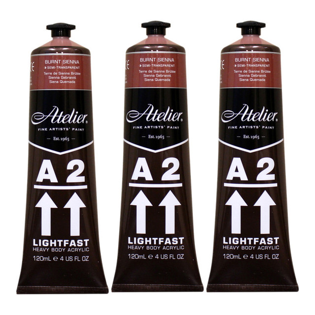 CHROMA INC Atelier A2 Heavy Body Lightfast Artist Acrylic, 4 oz., Burnt Sienna, Pack of 3
