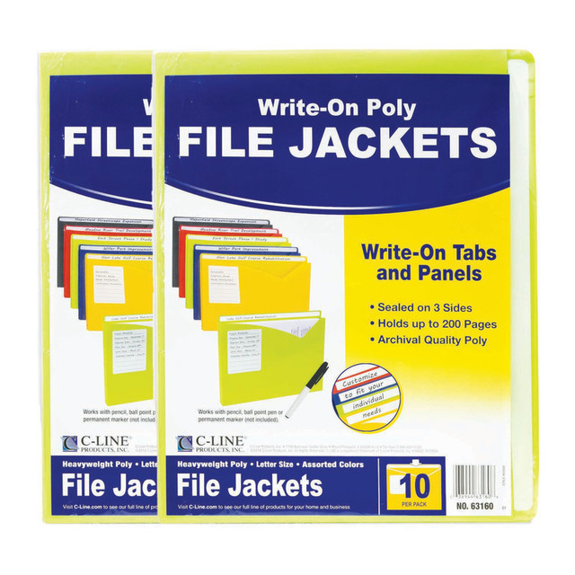 C-LINE PRODUCTS INC C-Line® Write-On Poly File Jackets, Assorted Colors, 11" x 8-1/2", 10 Per Pack, 2 Packs