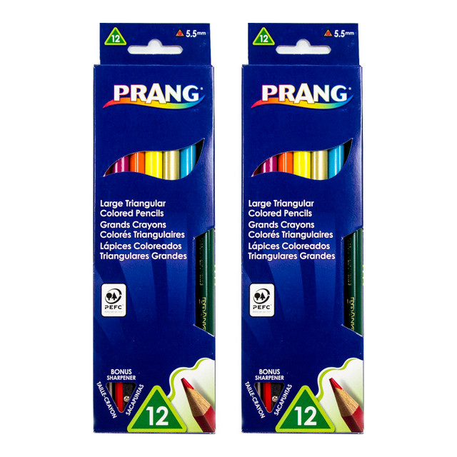 DIXON TICONDEROGA CO Prang® Triangular Colored Pencils, 5.5 mm core, With Sharpener, Assorted Colors, 12 Per Pack, 2 Packs