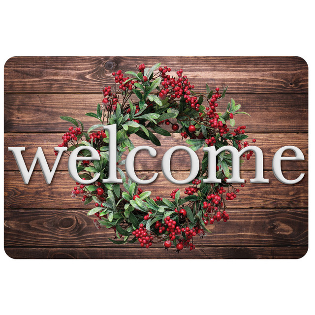 ASHLEY PRODUCTIONS Ashley Productions® The Original Fun Mat™, Welcome Mat, 15.5" x 23.5", Winter Berries Wreath Rustic Wood Welcome