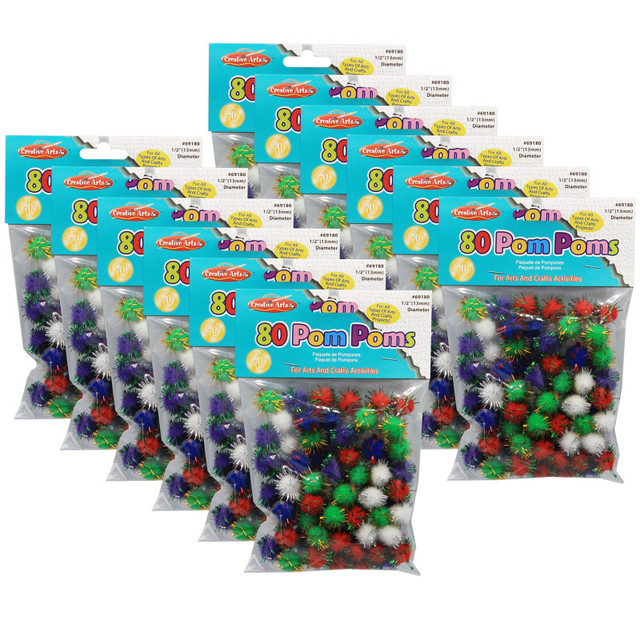 ADVANTUS Charles Leonard Pom-Poms 1/2", Assorted Glitter Colors, 80 Per Pack, 12 Packs