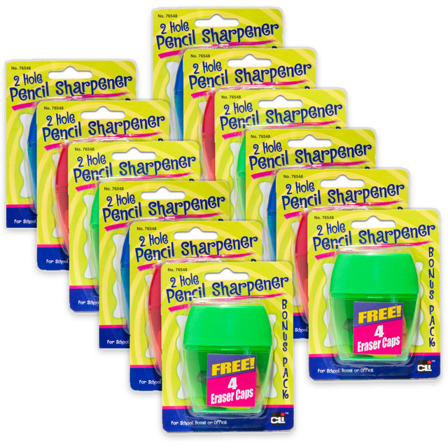 ADVANTUS Charles Leonard Two-Hole Pencil Sharpener w/Catcher, Bonus Erasers, Assorted Colors, Set of 12