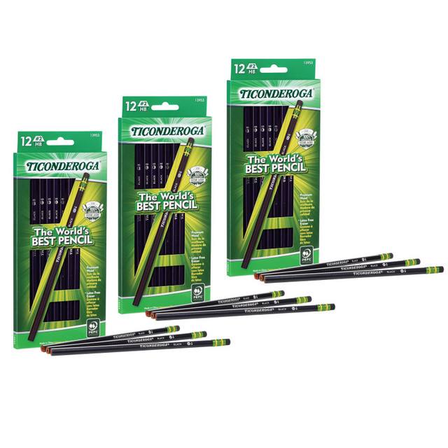 DIXON TICONDEROGA CO Ticonderoga® Wood-Cased Pencils, Black, 12 Per Pack, 3 Packs