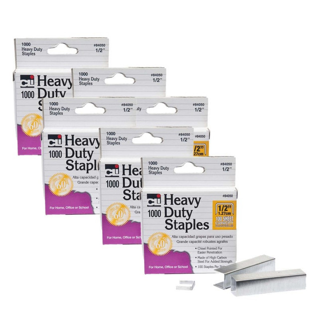 ADVANTUS Charles Leonard Heavy Duty Staples, 1/2 Inch Leg Length, Carbon Steel, Silver, 1000 Per Pack, 6 Packs