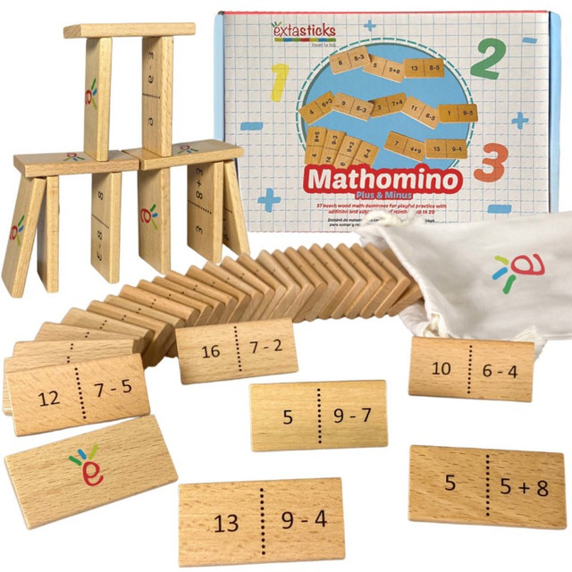 EXTASTICKS LLC Extasticks Mathomino Plus & Minus up to 20 Addition & Subtraction Wooden Math Domino Game