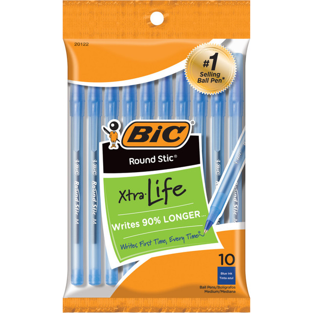 BIC USA INC BIC® Round Stic® Xtra Life Ballpoint Pen, Medium Point (1.0mm), Blue, Pack of 10