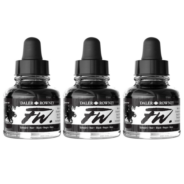 DIXON FINE ART Daler-Rowney FW Acrylic Ink, Black, 29.5ml, Pack of 3