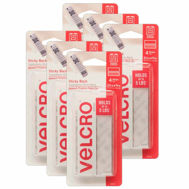 VELCRO USA VELCRO® Sticky Back™ Strips, 3/4" x 3-1/2", White, 4 Per Pack, 6 Packs