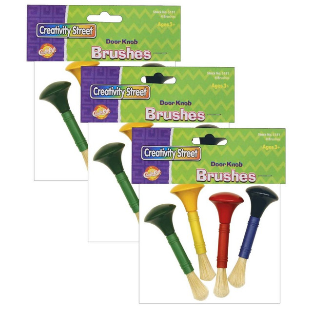 DIXON TICONDEROGA CO Creativity Street® Beginner Paint Brushes, Door Knob Handles, 4 Assorted Colors, 5" Long, 4 Brushes Per Pack, 3 Packs