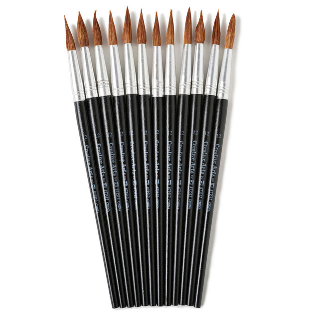 ADVANTUS Charles Leonard Water Color Paint Brushes with Round Pointed Tip, # 12, 1.06 Inch, Camel Hair, Black Handle, Pack of 12
