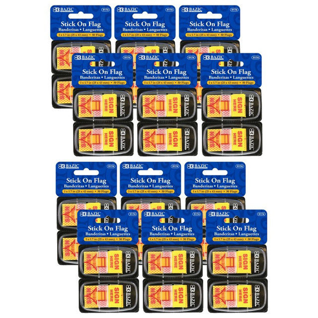 BAZIC PRODUCTS BAZIC Products® Yellow Color Printed Sign Here Flags with Dispenser, 50 Per Pack, 12 Packs