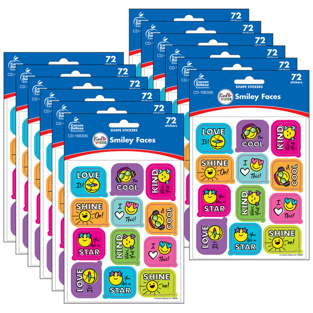 CARSON DELLOSA EDUCATION Carson Dellosa Education Kind Vibes Smiley Faces Shape Stickers, 72 Per Pack, 12 Packs