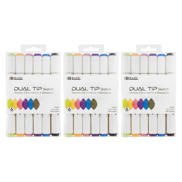 BAZIC PRODUCTS BAZIC Products® Dual Tip Sketch Markers, Pastel Colors, 6 Per Pack, 3 Packs