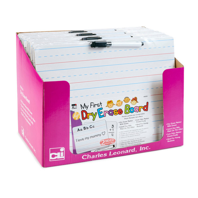 ADVANTUS Charles Leonard "My First" Dry Erase Board with Marker/Eraser, Two-Sided Plain/Lined, White, Pack of 12