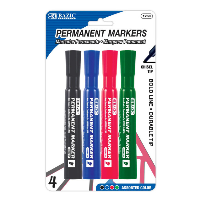 BAZIC PRODUCTS BAZIC Products® Desk Style Permanent Markers, Chisel Tip, Assorted Colors, Pack of 4