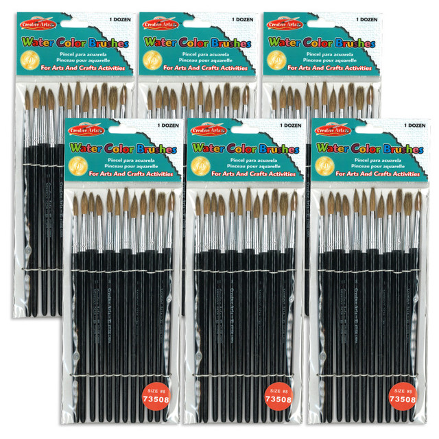 ADVANTUS Charles Leonard Water Color Paint Brushes with Round Pointed Tip, # 8, 0.81 Inch, Camel Hair, Black Handle, 12 Per Pack, 6 Packs