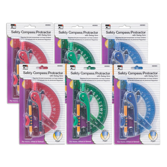ADVANTUS Charles Leonard Safety Compass & 6" Swing Arm Protractor, Assorted Colors, 6 Sets