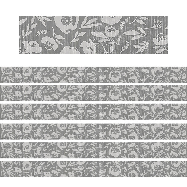 TEACHER CREATED RESOURCES Teacher Created Resources® Classroom Cottage Gray Floral Straight Border Trim, 35 Feet Per Pack, 6 Packs