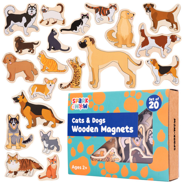 LEARNING ADVANTAGE Spark & Wow Wooden Magnets - Cats & Dogs - Set of 20