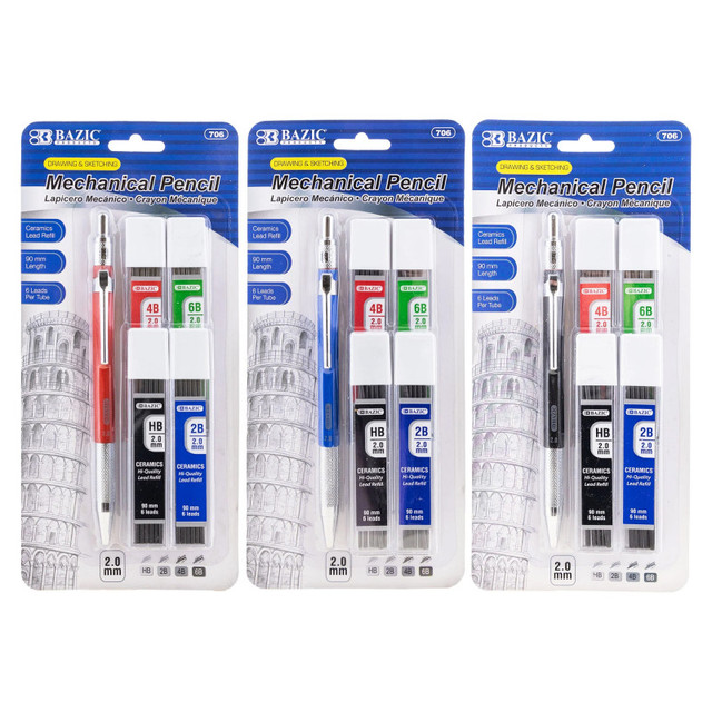 BAZIC PRODUCTS BAZIC Products® 2.0 mm Mechanical Pencil with HB, 2B, 4B & 6B Lead, Assorted Barrel Color, Pack of 3 BAZIC PRODUCTS BAZIC Products® 2.0 mm Mechanical Pencil with HB, 2B, 4B & 6B Lead, Assorted Barrel Color, Pack of 3