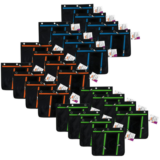 ADVANTUS Charles Leonard Expanding Pencil Pouch, 3 Pocket, 11"W x 9.5"H x 1"D, Assorted Colors, Pack of 24