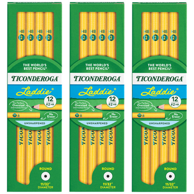 DIXON TICONDEROGA CO Ticonderoga® Laddie® Wood-Cased Pencils, #2 HB Soft, Yellow, 12 Per Pack, 3 Packs
