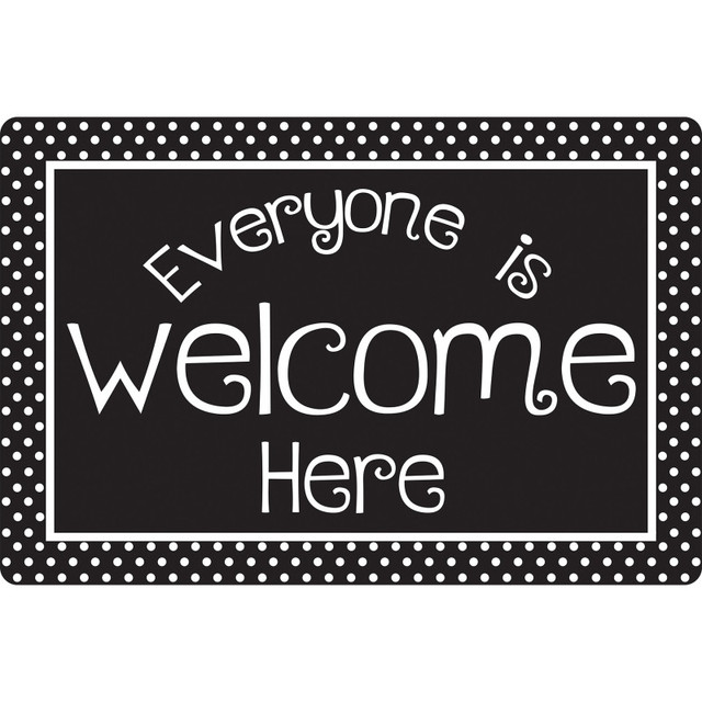 ASHLEY PRODUCTIONS Smart Poly® Welcome Mat with Slip Resistant Backing, 15.5" x 23.5", Black and White Dots Everyone is Welcome Here