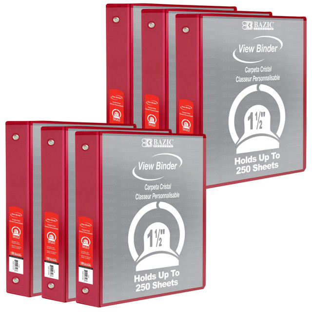 BAZIC PRODUCTS BAZIC Products® 3-Ring View Binder with 2 Pockets, 1.5", Red, Pack of 6