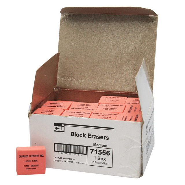ADVANTUS Charles Leonard Eraser, Synthetic, Latex Free, Block Shape, Medium, Pink, Box of 60
