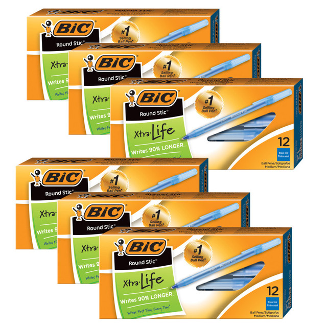 BIC USA INC BIC® Round Stic® Pen, Medium Point, Blue, 12 Per Pack, 6 Packs