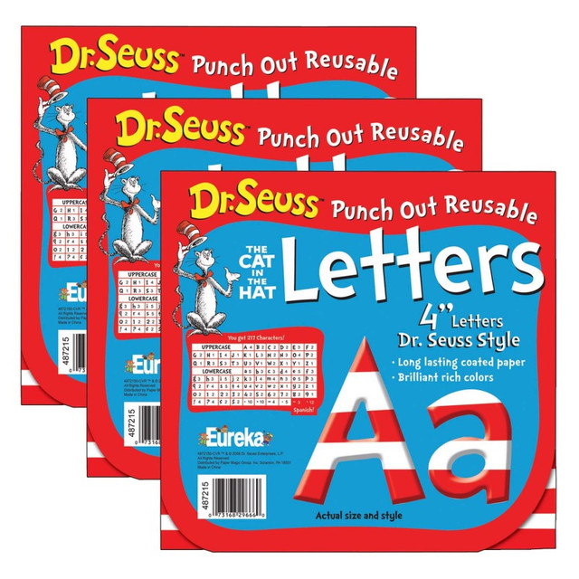 EUREKA Eureka® Dr. Seuss™ Stripes Reusable Punch Out Deco Letters, 4", 217 Pieces Per Pack, 3 Packs