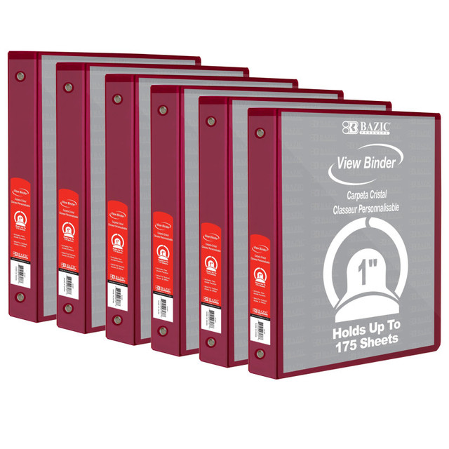 BAZIC PRODUCTS BAZIC Products® 3-Ring View Binder with 2 Pockets, 1", Burgundy, Pack of 6
