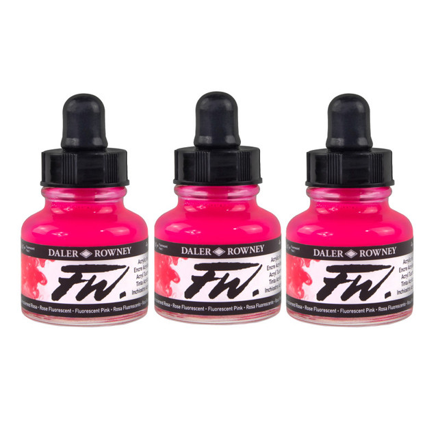 DIXON FINE ART Daler-Rowney FW Acrylic Ink, Fluorescent Pink, 29.5ml, Pack of 3