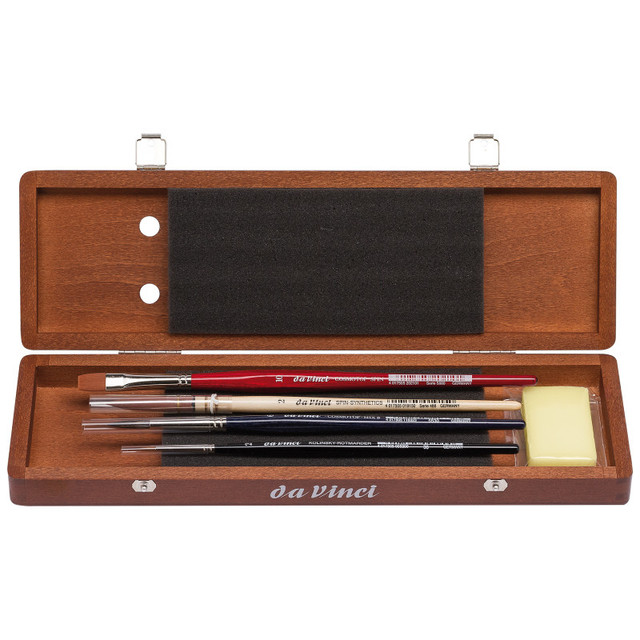 GREGORY DANIELS FINE ARTS INC da Vinci Watercolor Brush Set, Watercolor, Assorted, 4 Brush Set in Walnut Box with Soap