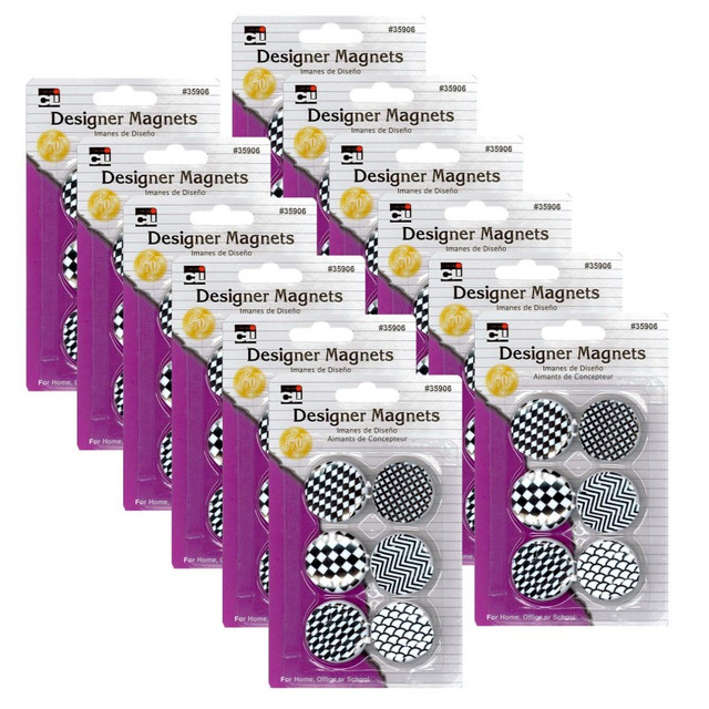 ADVANTUS Charles Leonard Designer Button Style Magnets, Super Strong - Assorted Black & White Designs, 6 Per Pack, 12 Packs